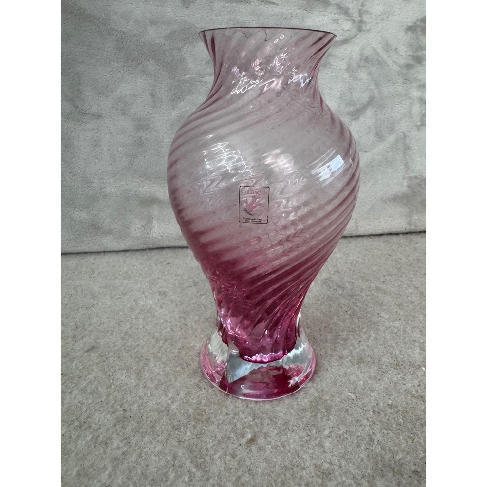 Caithness Scotland Pink Swirl Optic Handmade Art Glass Vase 8.25 Inch Flared Rim